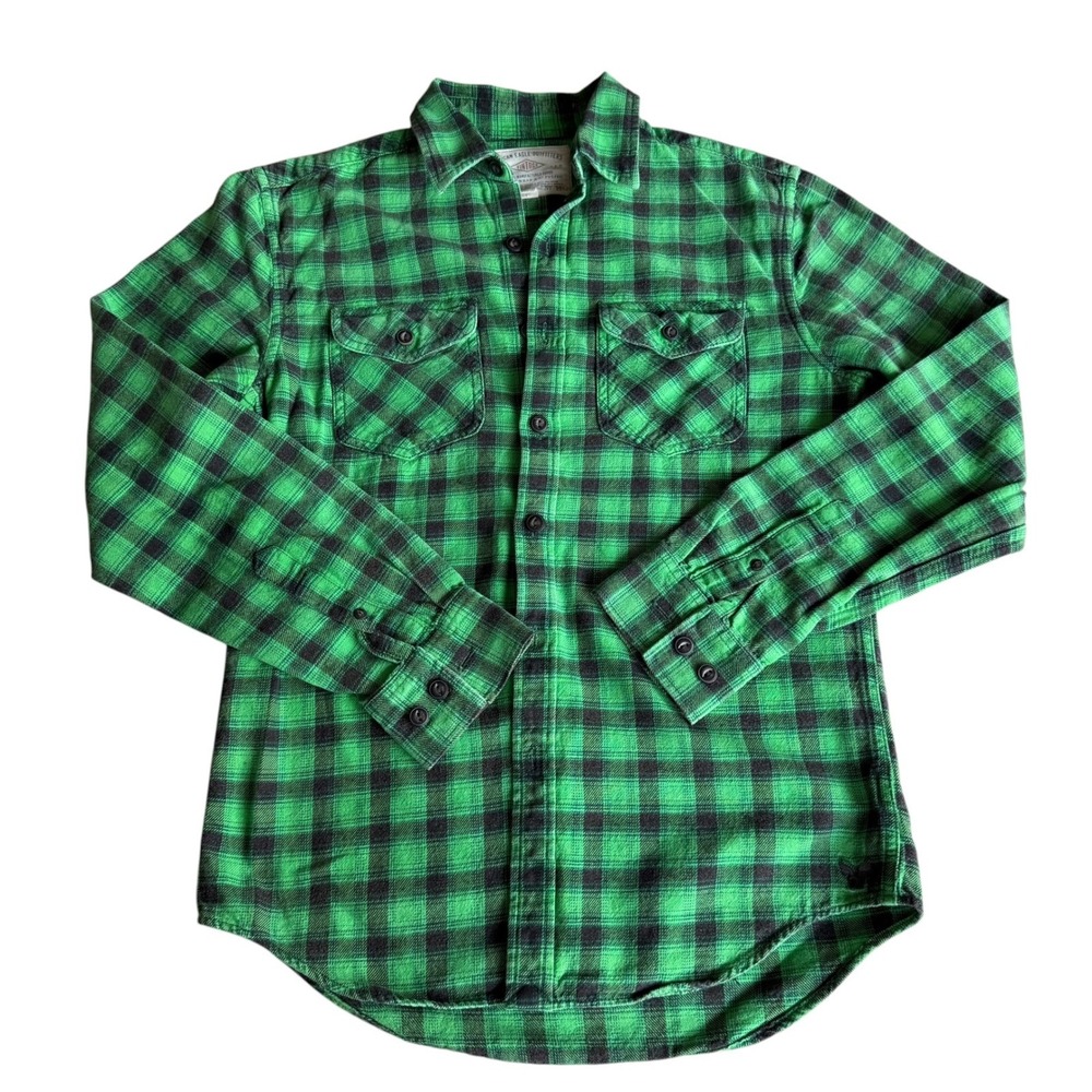 American‎ Eagle Flannel Shirt Buffalo Plaid Green Black Cabincore Gorpcore Small
